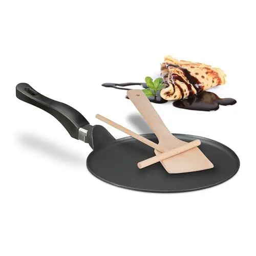 Produktbild: Relaxdays Crêpepfanne mit Teigverteiler & Holzspatel, induktionsgeeignet, Aluminium, Pfannkuchenpfanne, Ø 25 cm, schwarz