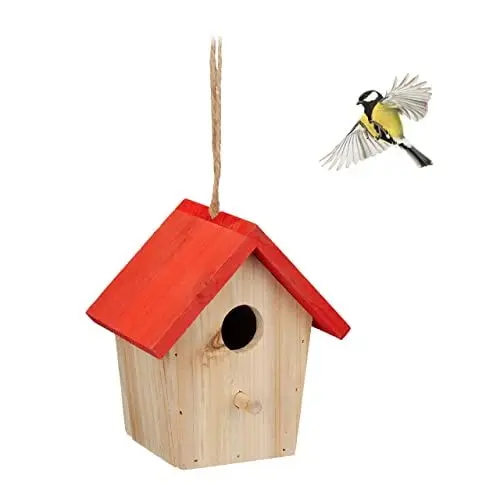 Produktbild: Relaxdays Deko Vogelhaus, Holz, Vogelhäuschen zum Aufhängen, HBT: 16 x 15 x 11 cm, Vogelvilla Garten, Balkon, Natur/rot