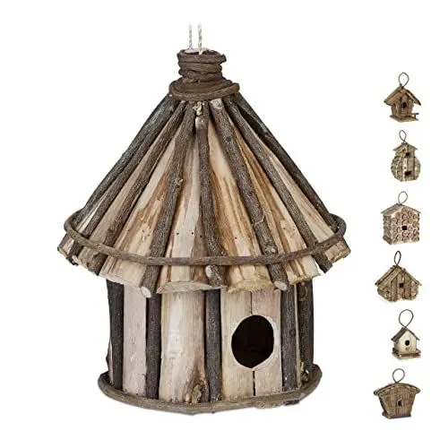 Produktbild: Relaxdays Deko Vogelhaus zum Aufhängen, unbehandeltes Holz, Balkon, Terrasse, Garten, Nistkasten HxD: 25 x 20 cm, Natur, G