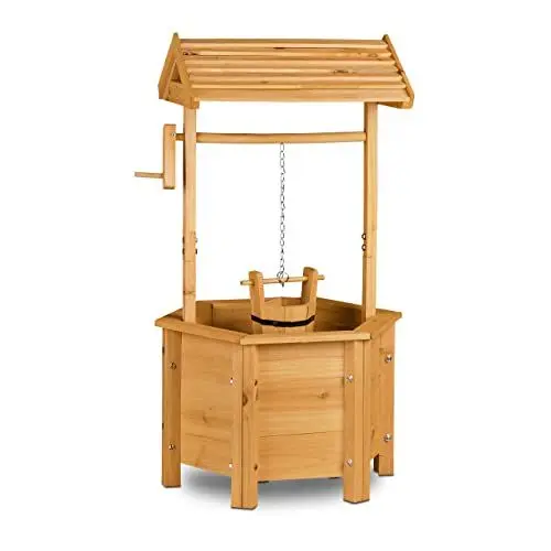 Produktbild: Relaxdays Dekobrunnen Garten Holz, Rolle, Eimer, HxBxT: 82 x 47 x 41 cm, Zierbrunnen, Gartendeko, Holzbrunnen, natur