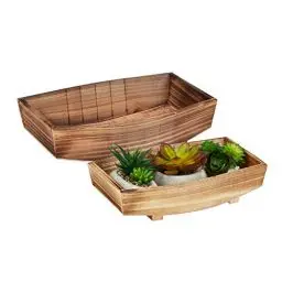 Produktbild: Relaxdays Dekoschale, 2 Stück, geflammtes Holz, Gartendeko zum Bepflanzen, Vintage Design, eckiges Pflanzengefäß, Natur