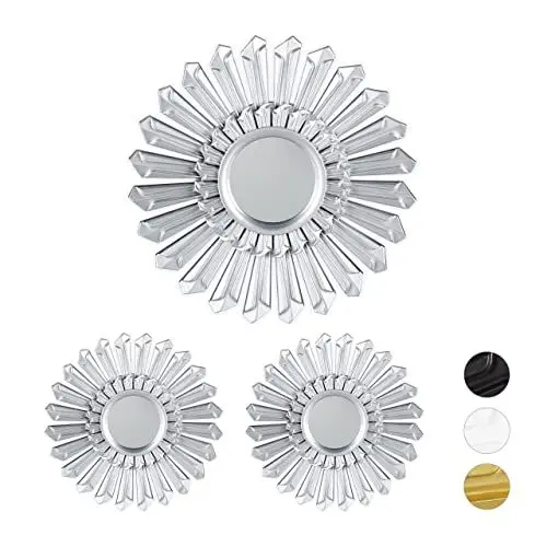 Produktbild: Relaxdays Dekospiegel Sonne, 3er Set, runde Hängespiegel, Wanddeko mit Aufhängung, Kunststoff Rahmen, Ø 25 cm, silber
