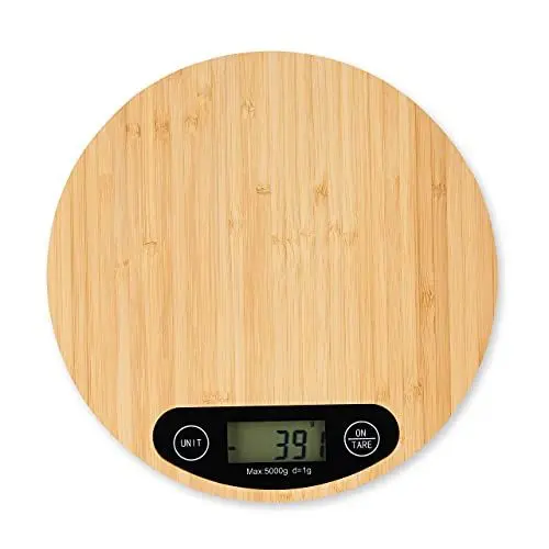 Produktbild: Relaxdays Digitale Küchenwaage aus Bambus, LCD-Anzeige, Tara-Funktion, Tragkraft 5 kg, runde Digitalwaage, Durchmesser 20 cm, Naturfarben, 2 x 20 x 20 cm