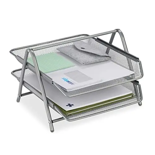 Produktbild: Relaxdays Dokumentenablage, 2 Fächer, Büroablage Metall, HxBxT: 20,5 x 30 x 35,5 cm, Mesh-Stil, Briefablage, Silber