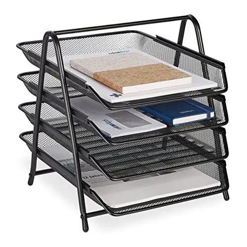 Produktbild: Relaxdays Dokumentenablage, 4 Fächer, Mesh-Metall, Briefablage für A4, HxBxT: 32,5 x 30 x 35,5 cm, Ablagesystem, schwarz