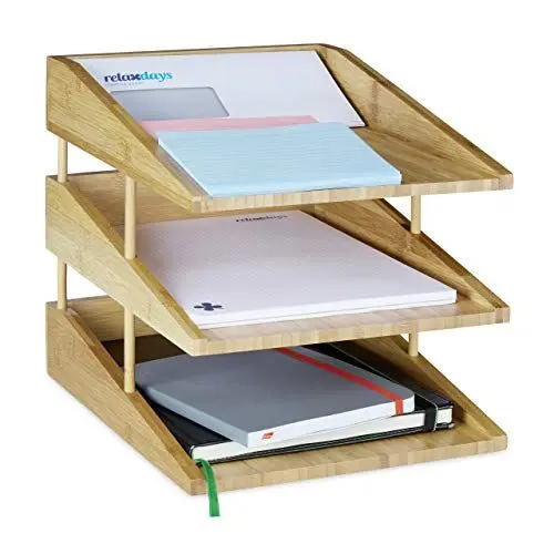 Produktbild: Relaxdays Dokumentenablage Bambus, 3 Ablagefächer, Stapelbar, DIN A4 Ablage für Büro & Schreibtisch, Briefablage, Natur