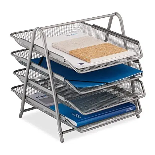 Produktbild: Relaxdays Dokumentenablage, Papierablage für A4 Formate, 4 Fächer, 32,5 x 30 x 35 cm, Mesh-Design, Büro-Ablage, Silber