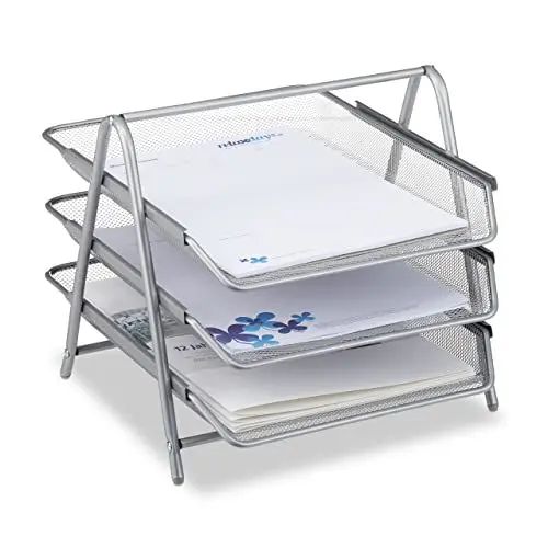 Produktbild: Relaxdays Dokumentenablage aus Metall, Briefablage 3 Fächer, Mesh Design Schreibtischablage für A4 Dokumente, silber, 35.5 x 29.5 x 27 cm
