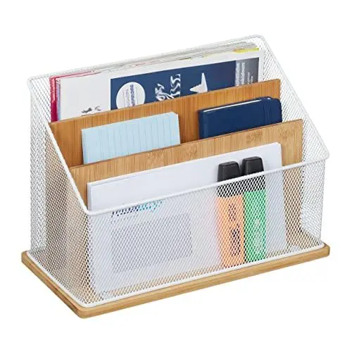Produktbild: Relaxdays Dokumentenhalter, Briefständer 3 Fächer, HBT 20 x 29 x 14 cm, Metall & Bambus, Aktenablage stehend, Natur/weiß