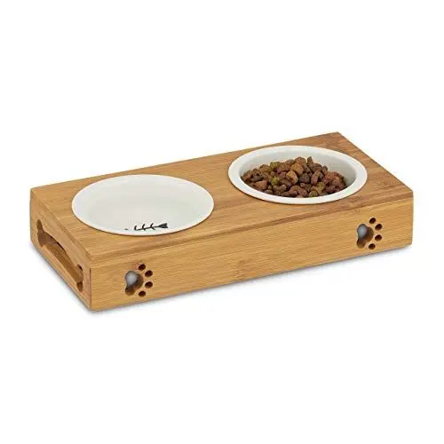 Produktbild: Relaxdays Doppel Napfständer Bambus, Keramikschalen Wasser & Futter, spülmaschinenfest, Napfbar Katzen, kl. Hunde, natur
