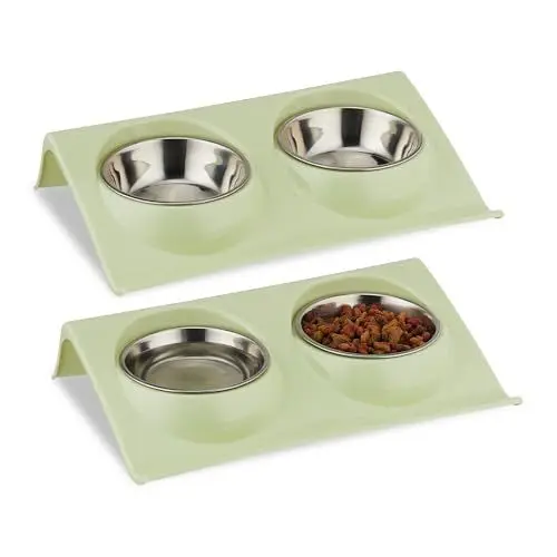 Produktbild: Relaxdays Doppelnapf, 2 Fressnäpfe, 150 ml, Katzen Fressnapfset, Wassernapf erhöht, HxBxT 6,5 x 29 x 19 cm, grün/Silber