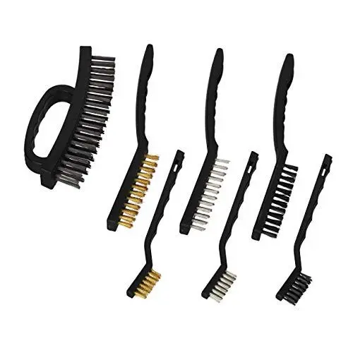 Produktbild: Relaxdays Drahtbürste 7-teiliges Set, je 2 Edelstahl-, Nylon- & Messingbürsten, Stahlbürste mit Griff, 3-reihig, schwarz, 7.5 x 16 x 2 cm