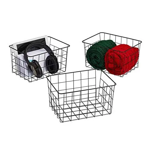 Produktbild: Relaxdays Drahtkorb 3er Set, rechteckig, Gitterkorb zur Aufbewahrung, HBT: 15,5 x 28 x 20 cm, Deko Metallkorb, schwarz