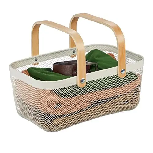 Produktbild: Relaxdays Drahtkorb mit Henkel, eckig, Aufbewahrungskorb Metall & Holz, Utensilienkorb für Küche, Bad, Wohnzimmer, weiß