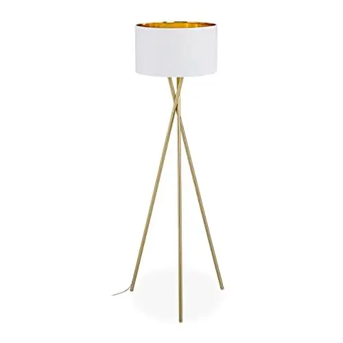 Produktbild: Relaxdays Dreibein Stehlampe, Tripod Lampe mit Stoffschirm, HxD 148,5 x 53,5 cm, E27 Fassung, Leinen & Metall, gold/weiß