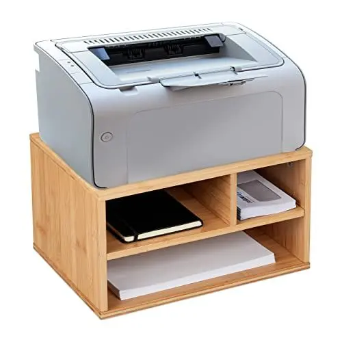 Produktbild: Relaxdays Printer Stand Druckerständer Schreibtisch, 3 Fächer, Regal für Drucker, HxBxT: 22 x 40 x 30 cm, Bambus Organizer, Natur, 100