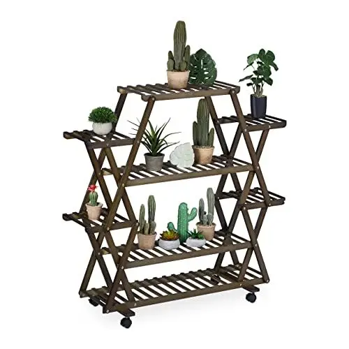 Produktbild: Relaxdays, Dunkelbraun Pflanzenregal, Blumenständer mit 8 Ablagen, Bambus, HBT 110x114x36 cm, rollbar, Blumenregal innen