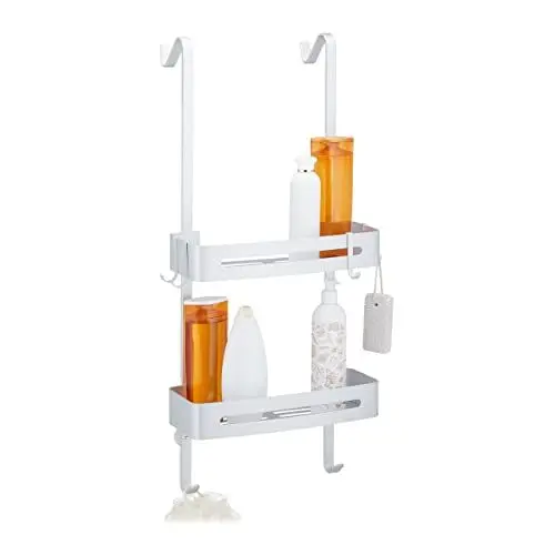 Produktbild: Relaxdays Duschablage zum Hängen, 2 Körbe, 8 Haken, Duschregal ohne Bohren, Aluminium, Shampoo Halterung Dusche, silber