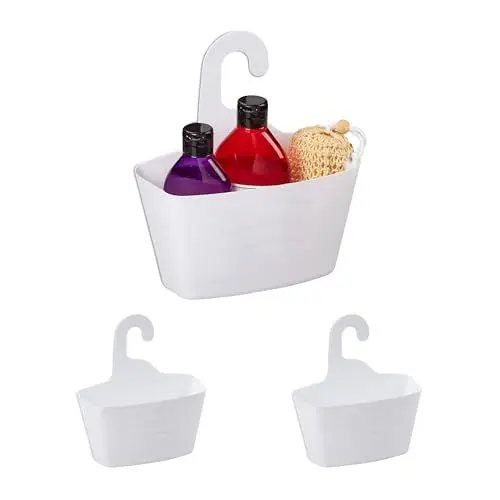 Produktbild: Relaxdays Duschkorb zum Hängen, 3er Set, ohne Bohren, Kunststoff, Duschablage Shampoo & Duschgel, Duschorganizer, weiß