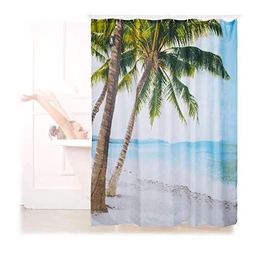 Produktbild: Relaxdays Duschvorhang Strand, Polyester, wasserabweisend, waschbar, Anti-Schimmel, Badewannenvorhang 180x180cm, bunt
