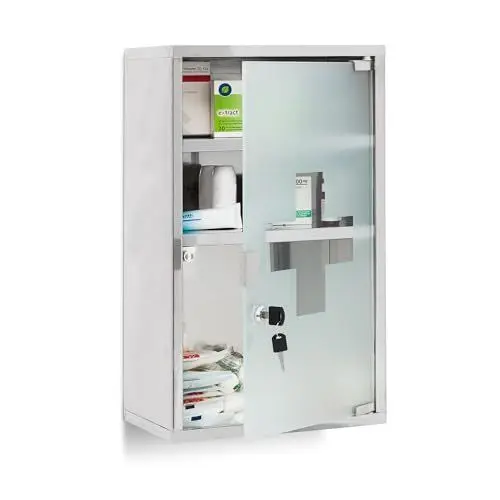 Produktbild: Relaxdays EMERGENCY Medizinschrank XL extra tief aus Edelstahl HxBxT: ca. 50,5 x 30 x 18 cm mit 3 Fächern und Glas-Tür zum Abschließen mit 2 Schlüsseln für kindersichere Medikamenten-Lagerung, silber