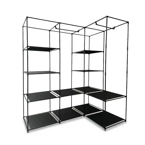 Produktbild: Relaxdays Eckschrank, HBT: 170 x 130 x 8 cm, 2 Kleiderstangen, 12 Ablagen, Eisen, Vlies, offener Kleiderschrank, schwarz