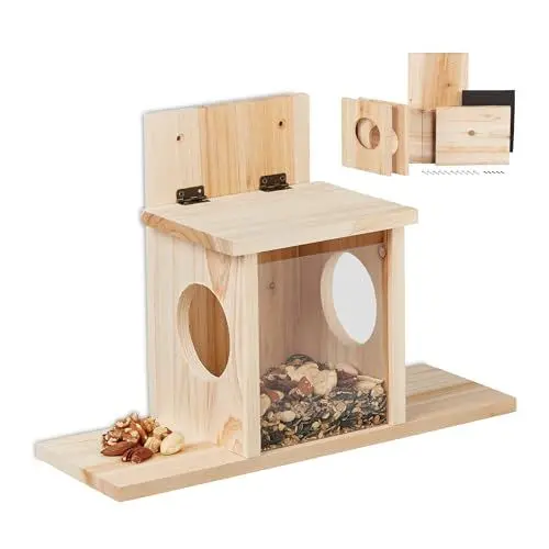 Produktbild: Relaxdays Eichhörnchen Futterhaus, Bausatz, Holz, 2 Eingänge & Sitzplattformen, zum Aufhängen, Eichhörnchenhaus, Natur