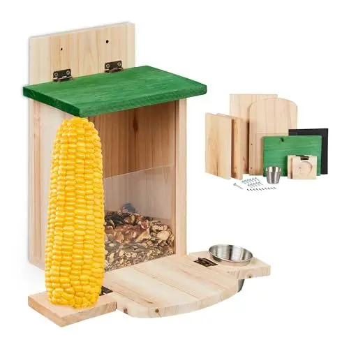 Produktbild: Relaxdays Eichhörnchen Futterhaus, Bausatz, Holz, Eichhörnchenfutterstation mit Maiskolbenhalter & Napf, Natur/grün