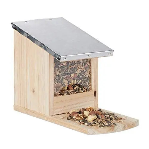 Produktbild: Relaxdays Eichhörnchen Futterhaus, Futterstelle aus Holz, wetterfestes Metalldach, Eichhörnchen Kobel zum Stellen, natur