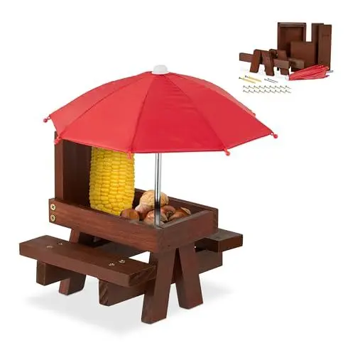 Produktbild: Relaxdays Eichhörnchen Tisch, Bausatz, Holz, Eichhörnchenbank mit Schirm & Maiskolbenhalter, zum Aufhängen, braun/rot, 1 Stück