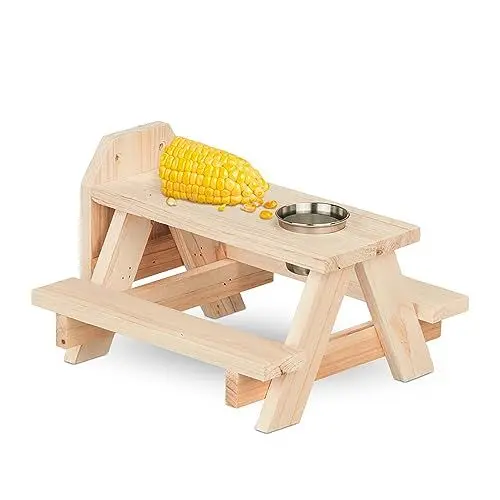 Produktbild: Relaxdays Eichhörnchen Tisch, Holz, Eichhörnchenfutterplatz mit Maiskolbenhalter, Napf, Futtertisch zum Aufhängen, Natur