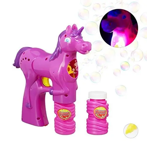 Produktbild: Relaxdays Einhorn Seifenblasenpistole, LED, batteriebetrieben, 2x Seifenblasen Flüssigkeit, Kinder & Erwachsene, pink, 21 x 5.5 x 18 cm