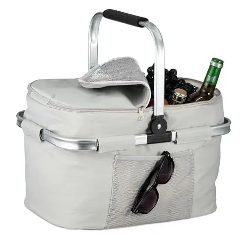 Produktbild: Relaxdays Einkaufskorb, faltbar, Tragegriff, HBT: 45 x 43 x 30,5 cm, Isoliertasche zum Einkaufen, Picknickkorb, hellgrau
