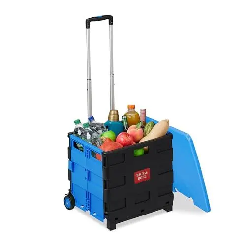Produktbild: Relaxdays Einkaufstrolley, Klapptrolley mit Rollen & Deckel, Teleskopgriff, bis 35 kg, Faltbarer Trolley, blau/schwarz