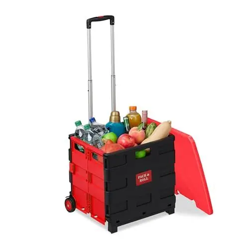 Produktbild: Relaxdays Einkaufstrolley, Klapptrolley mit Rollen & Deckel, Teleskopgriff, bis 35 kg, Faltbarer Trolley, rot/schwarz