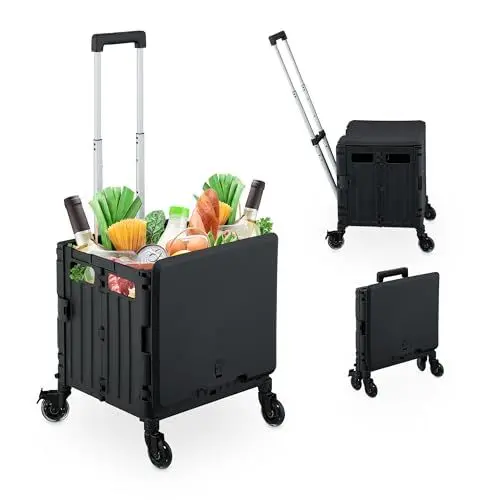Produktbild: Relaxdays Einkaufstrolley, klappbar, Einkaufskorb mit Lenkrollen, Deckel & Teleskopgriff, bis 35 kg, Rollkiste, schwarz