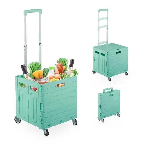 Produktbild: Relaxdays Einkaufstrolley, klappbar, Einkaufskorb mit Rollen, Deckel & Teleskopgriff, bis 35 kg, Klapptrolley, türkis
