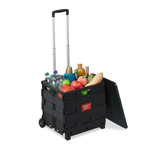Produktbild: Relaxdays Einkaufstrolley, klappbar, Einkaufskorb mit Rollen, Deckel & Teleskopgriff, bis 35 kg, Rollkiste, schwarz/grau