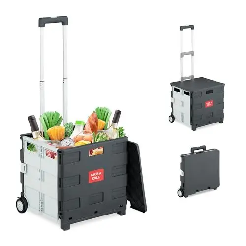 Produktbild: Relaxdays Einkaufstrolley, klappbar, Einkaufskorb mit Rollen, Deckel & Teleskopgriff, bis 35 kg, Rollkiste, weiß/grau
