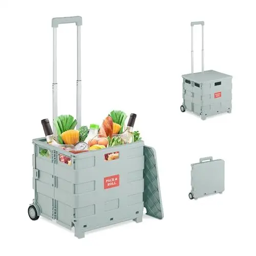 Produktbild: Relaxdays Einkaufstrolley, klappbar, Einkaufskorb mit Rollen, mit Deckel & Teleskopgriff, bis 35 kg, Rollkiste, grau