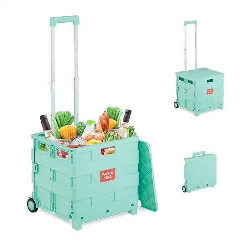 Produktbild: Relaxdays Einkaufstrolley, klappbar, Einkaufskorb mit Rollen, mit Deckel & Teleskopgriff, bis 35 kg, Rollkiste, türkis