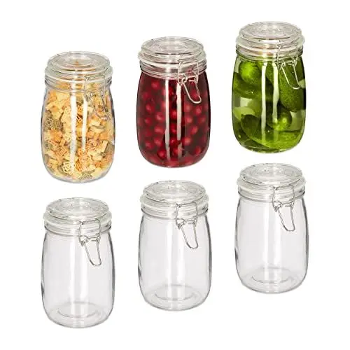 Produktbild: Relaxdays Einmachgläser, 6er Set, 1 l, Deckel & Bügelverschluss, Einkochen & Aufbewahren, Vorratsgläser, transparent, 17 x 11 x 15 cm, 6