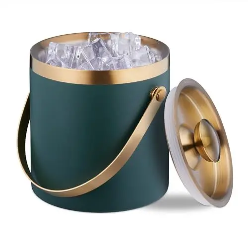 Produktbild: Relaxdays Eiswürfelbehälter, Edelstahl, doppelwandig, Eiseimer mit Deckel & Henkel, 1,5 l, Eiswürfelkübel, grün/Gold