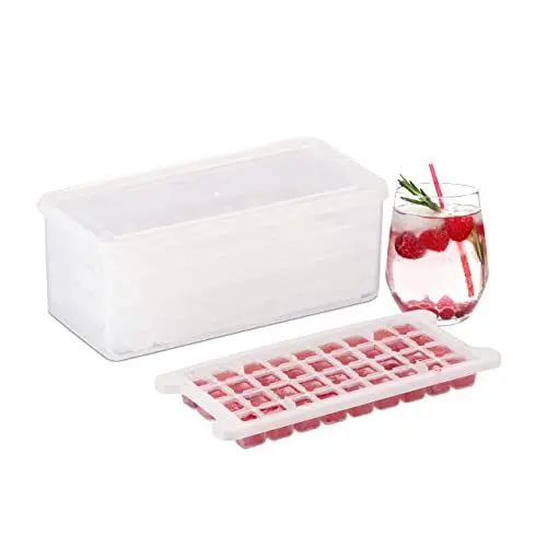 Produktbild: Relaxdays Eiswürfelform Set, 4 Eiswürfelschalen, BPA-frei, Behälter und Deckel, 144 Eiswürfel, Kunststoff, transparent