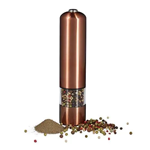 Produktbild: Relaxdays Elektrische Pfeffermühle groß, Edelstahl, Keramikmahlwerk, batteriebetrieben, bronze, 1 Stück