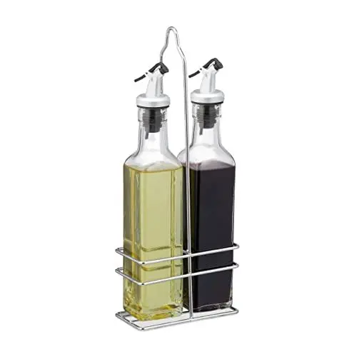 Produktbild: Relaxdays Essig und Öl Spender, mit Ausgießer, 2 in 1 für Küche, Ölflaschen mit Ständer, Glas, 2 x 250 ml, transparent, 29 x 11 x 6 cm