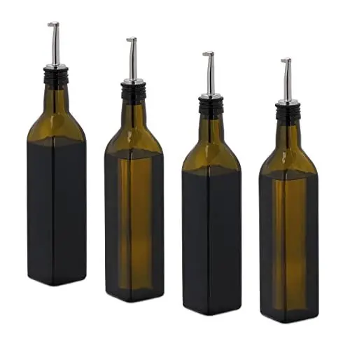 Produktbild: Relaxdays Essig-und Ölspender Set, 4 Glasflaschen, 500 ml, Ausgießer, Olivenöl & Vinaigrette, Leere Ölflaschen, braun