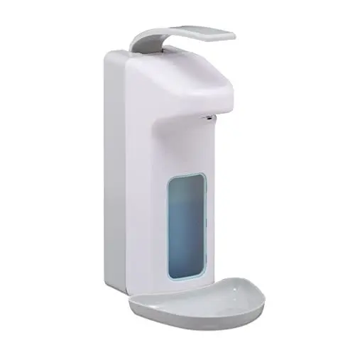 Produktbild: Relaxdays Eurospender, 1000 ml, Tropfschale, Armhebel, Desinfektionsmittel, Seife, Wandbefestigung, Hygienespender, weiß