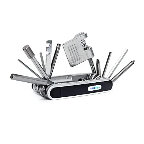 Produktbild: Relaxdays Fahrrad Multitool HBT ca. 2,5 x 9 x 4,5 cm Multifunktionswerkzeug zur Fahrradreparatur mit Reifenheber, Schraubendreher und Kettennieter ideales Werkzeugset für unterwegs, schwarz
