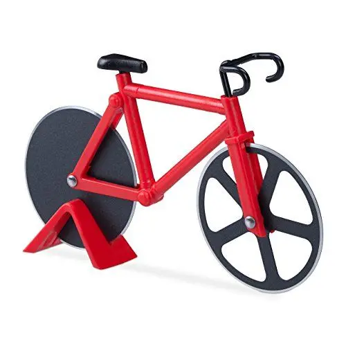Produktbild: Relaxdays Fahrrad Pizzaschneider, lustiger Pizzaroller mit Schneiderädern aus Edelstahl, Cutter für Pizza & Teig, rot